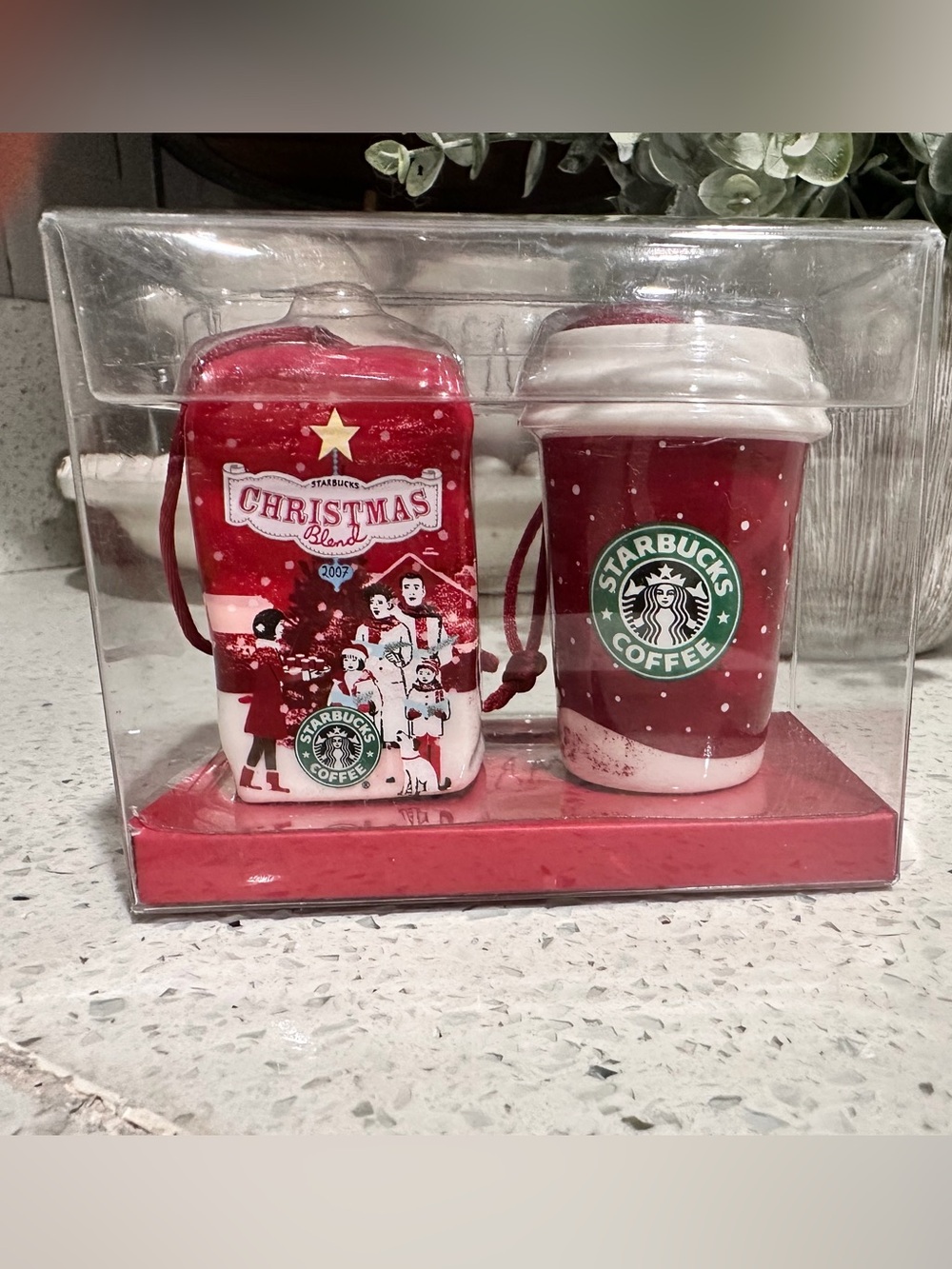 Starbucks 2007 Christmas Blend Coffee Ornament Set Of 2 Red Coffee Cup & Bag